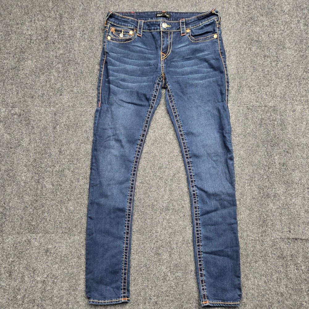 True Religion Stella Low Rise Skinny Jeans Dark Wash Orange Stitch Size 31